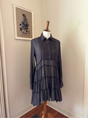 Denim & Supply Ralph Lauren Navy and Cream Printed Tiered Button-Up Dress